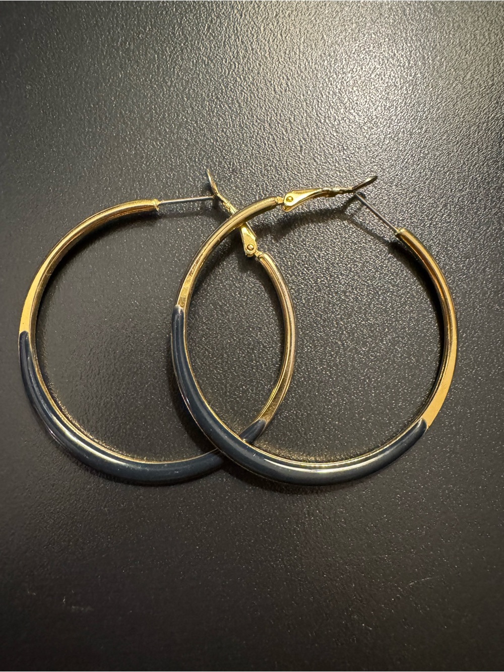 Vintage Gold Tone Slate Blue-Gray Enamel Hoop Earrings 2”